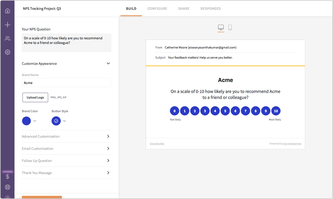 SurveySparrow, the best AskNicely alternative, helps track your multiple brands and analyze performance.