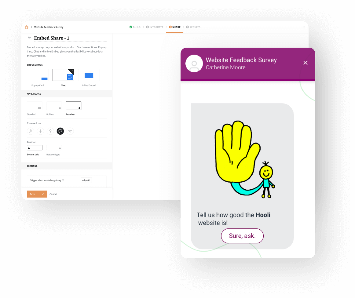 Collect feedback from your website users, from right within your web page without having to redirect them outside your website.
