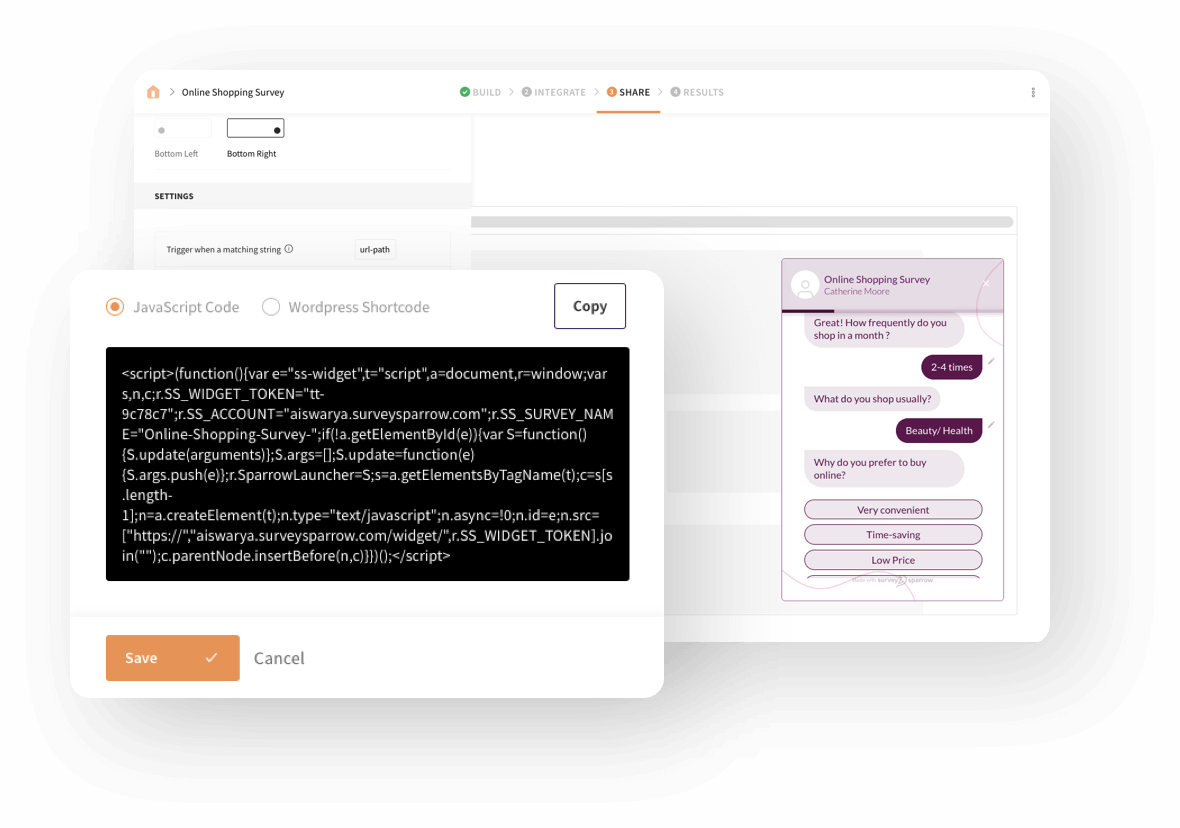 Setting up embedded surveys on your website is as simple as copying the code snippet and pasting it on your website’s code.