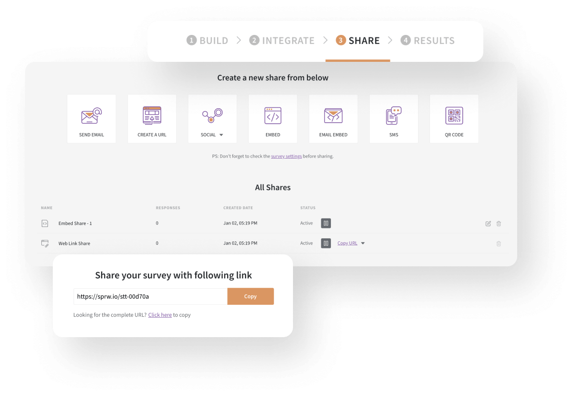 Share surveys via multiple channels using an enterprise survey software.