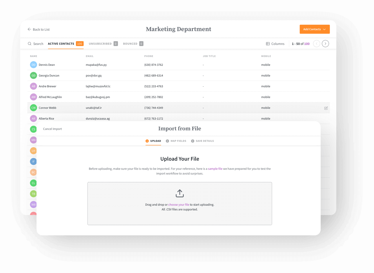 Import your contacts by uploading a CSV file or using Excel.