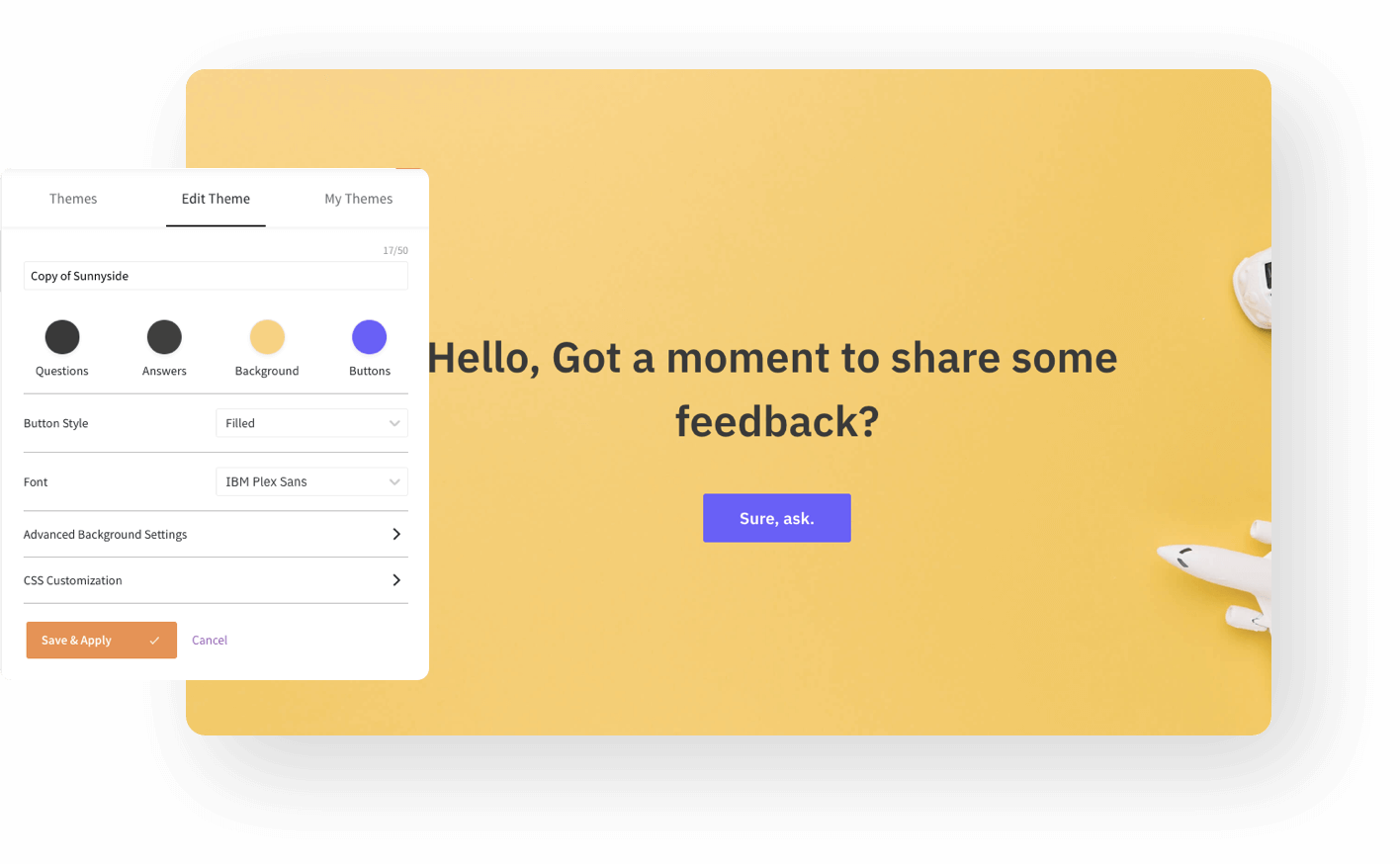 Choose from a vibrant color palette for questions, anwsers, buttons, and background.