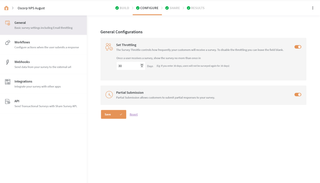 SurveySparrow’s NPS® survey platform’s Throttling feature ensures that no respondent is surveyed until a configured time