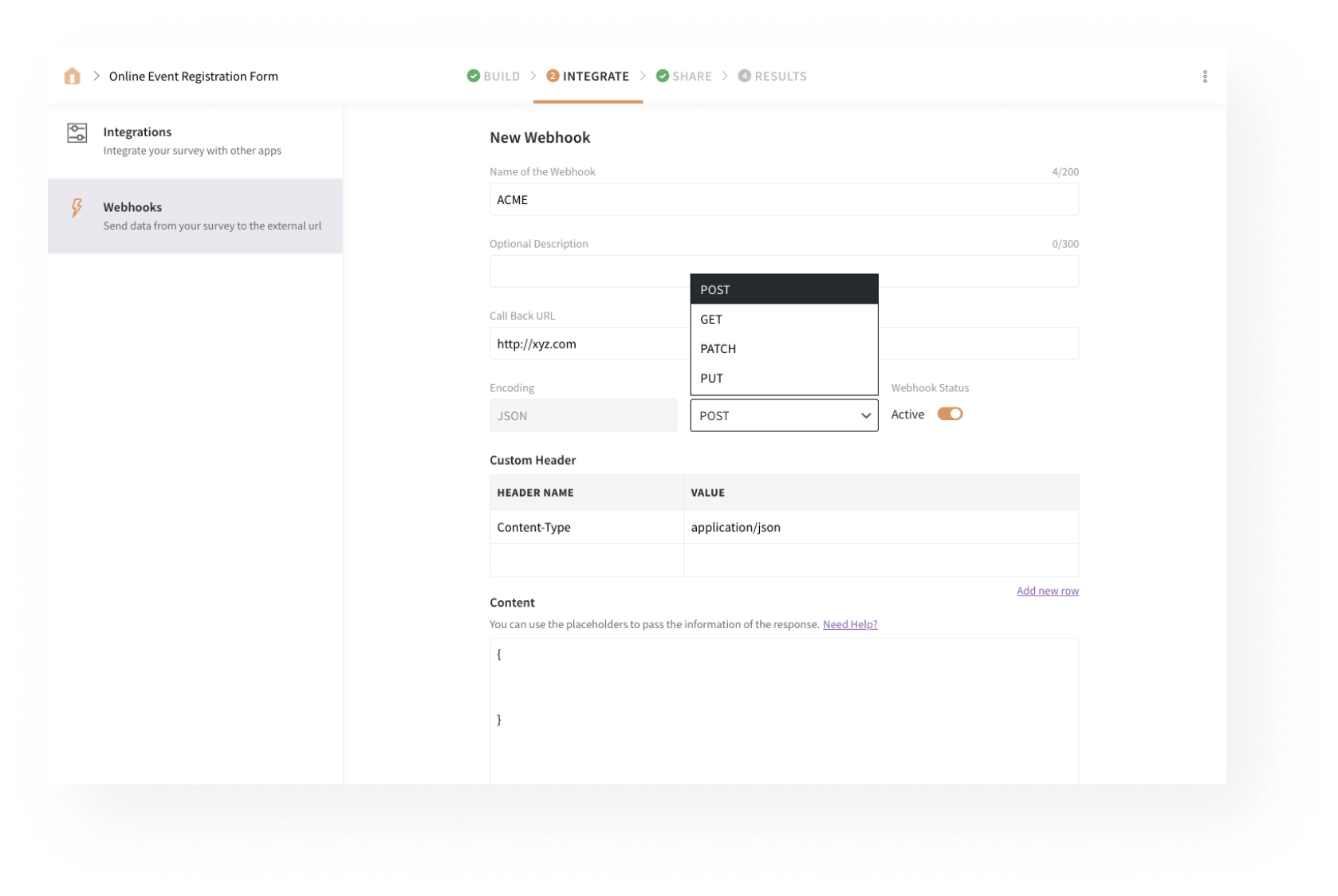 Share data to any configured URL using webhooks.